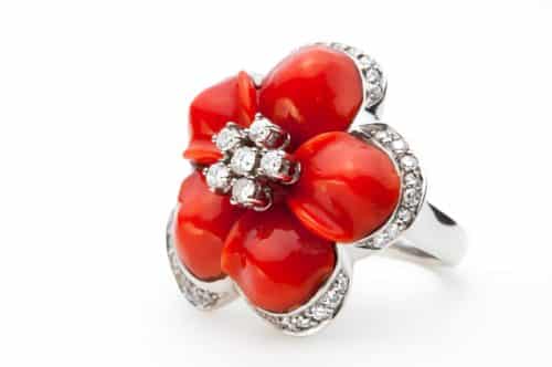 Inel aur 18 kt cu diamante și coral GL.844, colecția Gianni Lazzaro