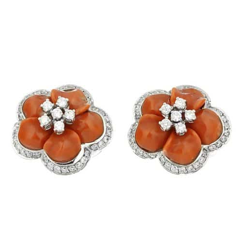 Cercei cu coral și diamante, aur alb, 18 kt, GL.372