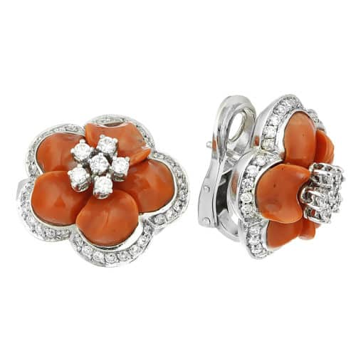 Cercei cu coral și diamante, aur alb, 18 kt, GL.372