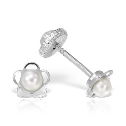 Cercei cu perle pentru copii, aur alb, 14 kt, model floral, MC.1.21