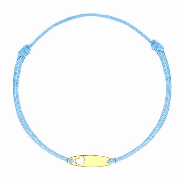 Brăţară șnur aur 14 kt cu plăcuță personalizabilă și inimioară, șnur diverse culori