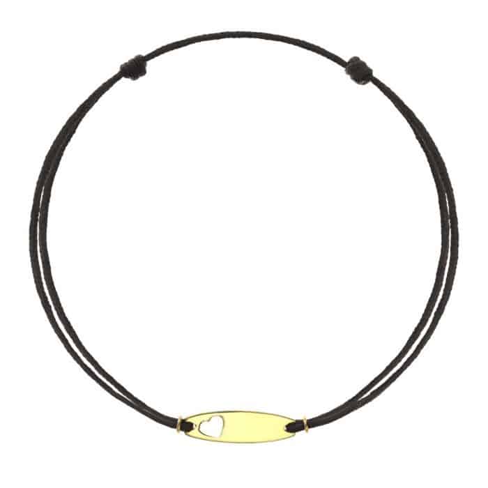 Brăţară șnur aur 14 kt cu plăcuță personalizabilă și inimioară, șnur diverse culori