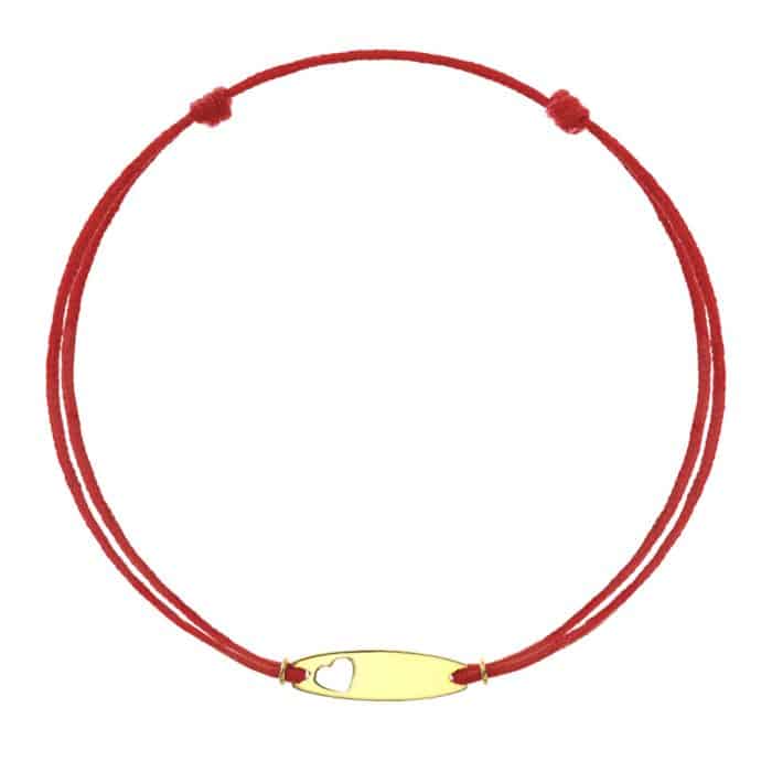 Brăţară șnur aur 14 kt cu plăcuță personalizabilă și inimioară, șnur diverse culori