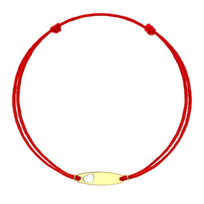 Brăţară șnur aur 14 kt cu plăcuță personalizabilă și inimioară, șnur diverse culori