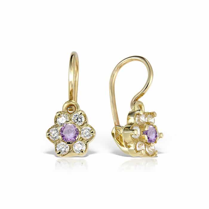 Cercei aur copii, 14 kt, zirconii diverse culori, model floral, C 363S