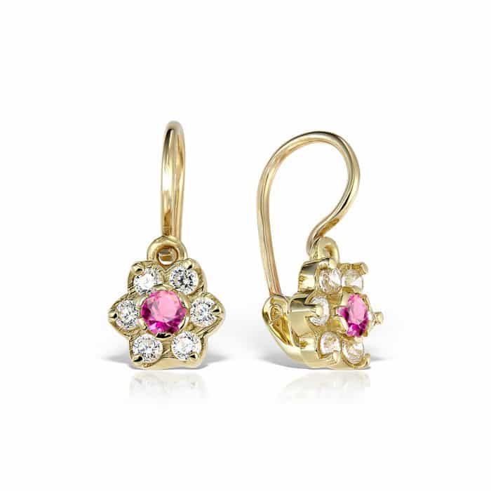 Cercei aur copii, 14 kt, zirconii diverse culori, model floral, C 363S