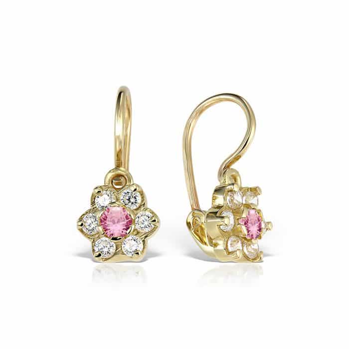 Cercei aur copii, 14 kt, zirconii diverse culori, model floral, C 363S