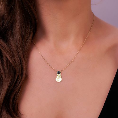 Colier handmade cu omuleț de zăpadă EM.08, aur 14 kt și email, 1,70 cm înălțime