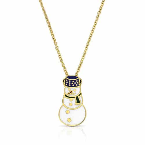 Colier handmade cu omuleț de zăpadă EM.08, aur 14 kt și email, 1,70 cm înălțime
