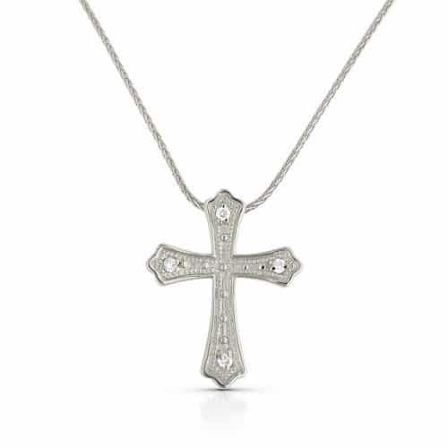 Colier P 022L, aur alb 14 kt, diamante, cruce