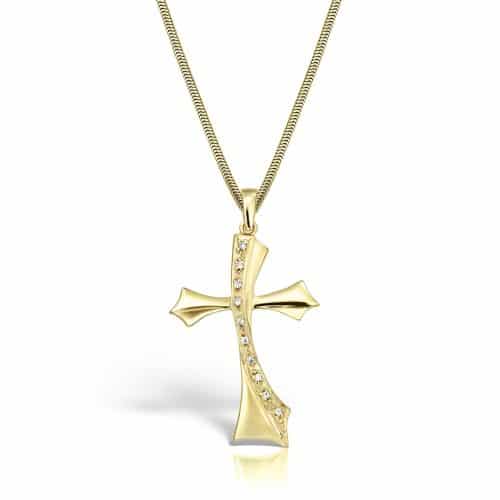 Pandantiv cruciuliță ortodoxă din aur 14 kt cu pietre zirconia P 08S
