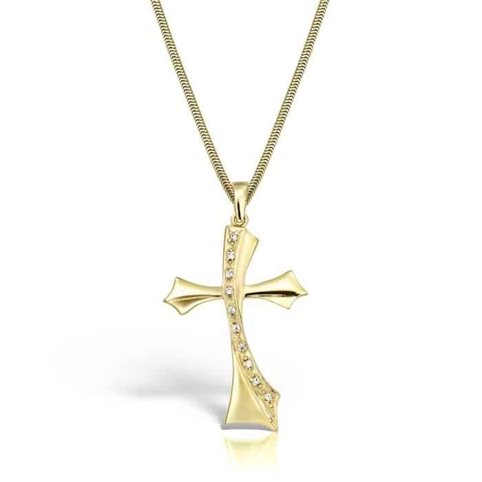 Pandantiv cruciuliță ortodoxă din aur 14 kt cu pietre zirconia P 08S