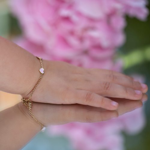 Brățară din aur galben de 14 kt, cu tăbliță personalizabilă și inimă roz, model IPB 001