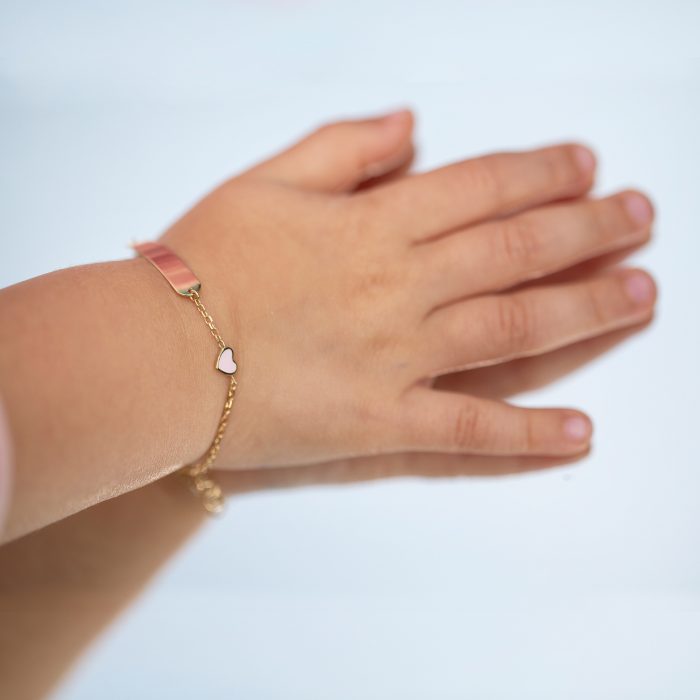 Brățară din aur galben de 14 kt, cu tăbliță personalizabilă și inimă roz, model IPB 001