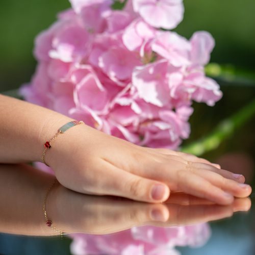 Brățară din aur galben de 14 kt, cu tăbliță personalizabilă și buburuză, model IPB 002